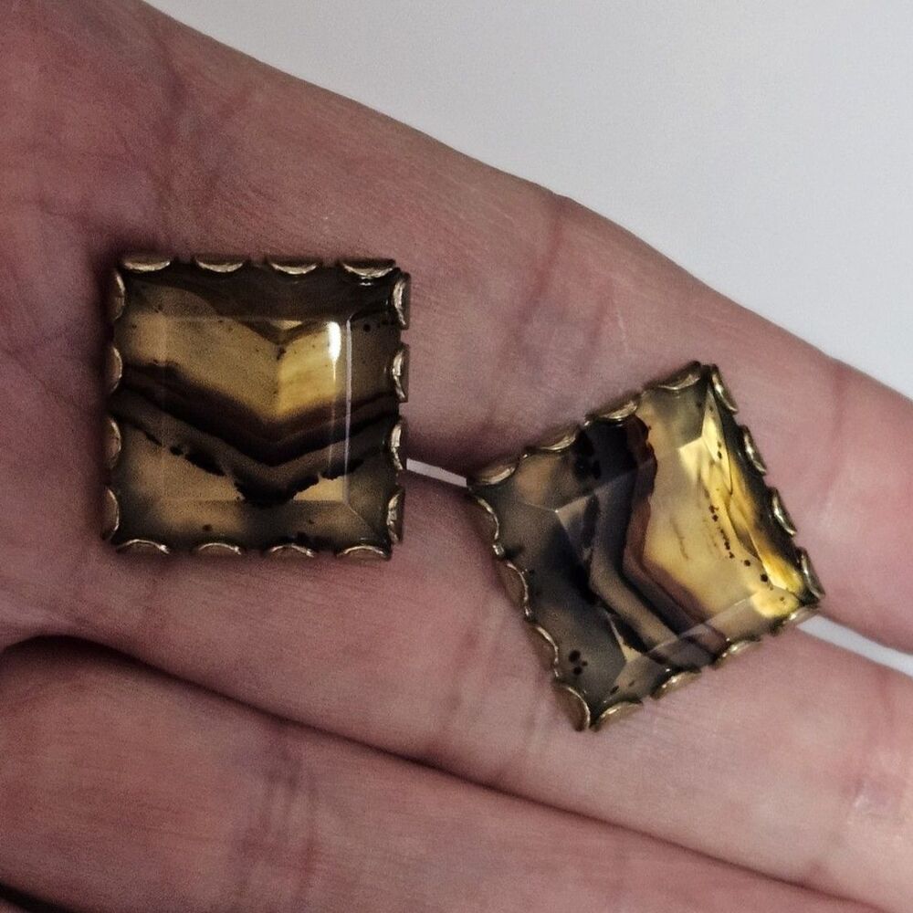 Vintage Badlands Banded Agate Gold tone Square Cufflinks